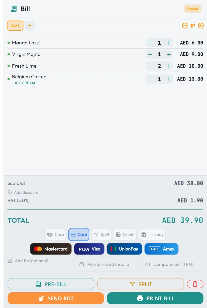 The bill panel paying by card, with Mastercard, Visa, UnionPay and Amex tiles under the Cash, Card, Split and Credit chips.