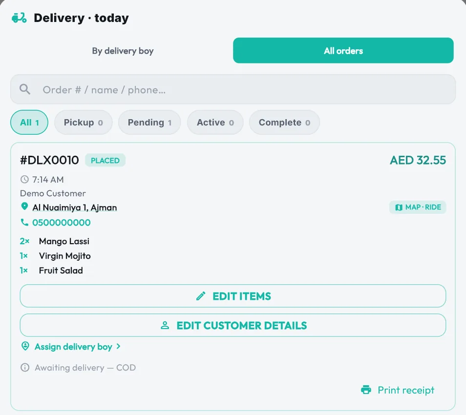 Today's delivery orders: a placed order with customer name, address and a Map &middot; Ride button, items, and cash on delivery awaiting a rider.