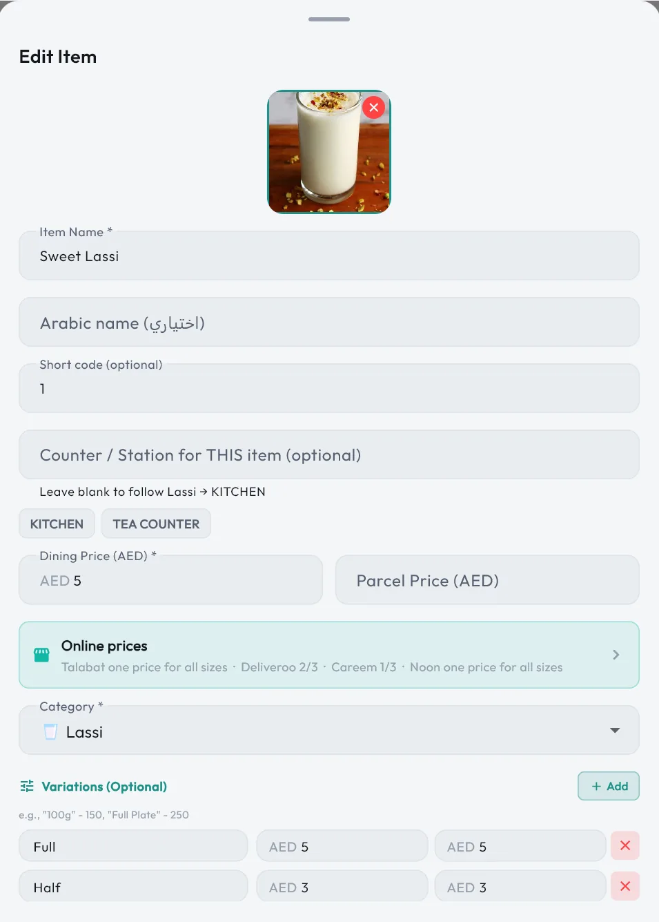 Editing Sweet Lassi: Full and Half sizes, kitchen or tea counter, and separate online partner prices.