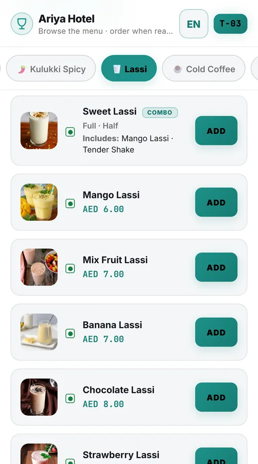 Dinelax QR menu in English on a phone