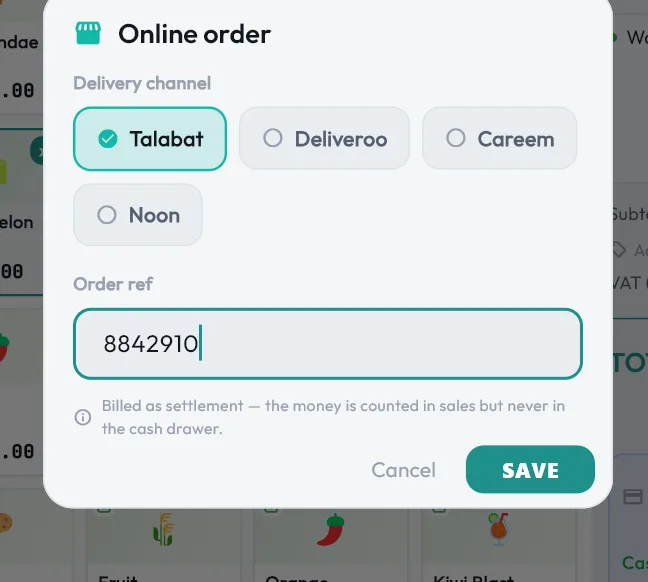 Entering a Talabat order with its order number on the Dinelax till
